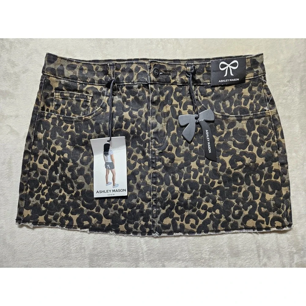 Leopard Print‎ Denim Mini Skirt Pink Bow Y2K Coquette Stretch Ashley Mason Sz 9